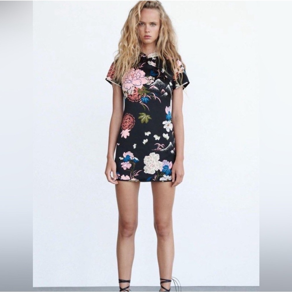 SOLD. ZARA Satin Effect Floral Print Dress